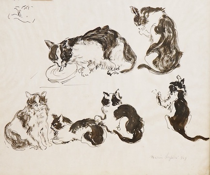 M. Lufieri, Studies of cats, signed, pen and ink on paper, 28 x 31cm